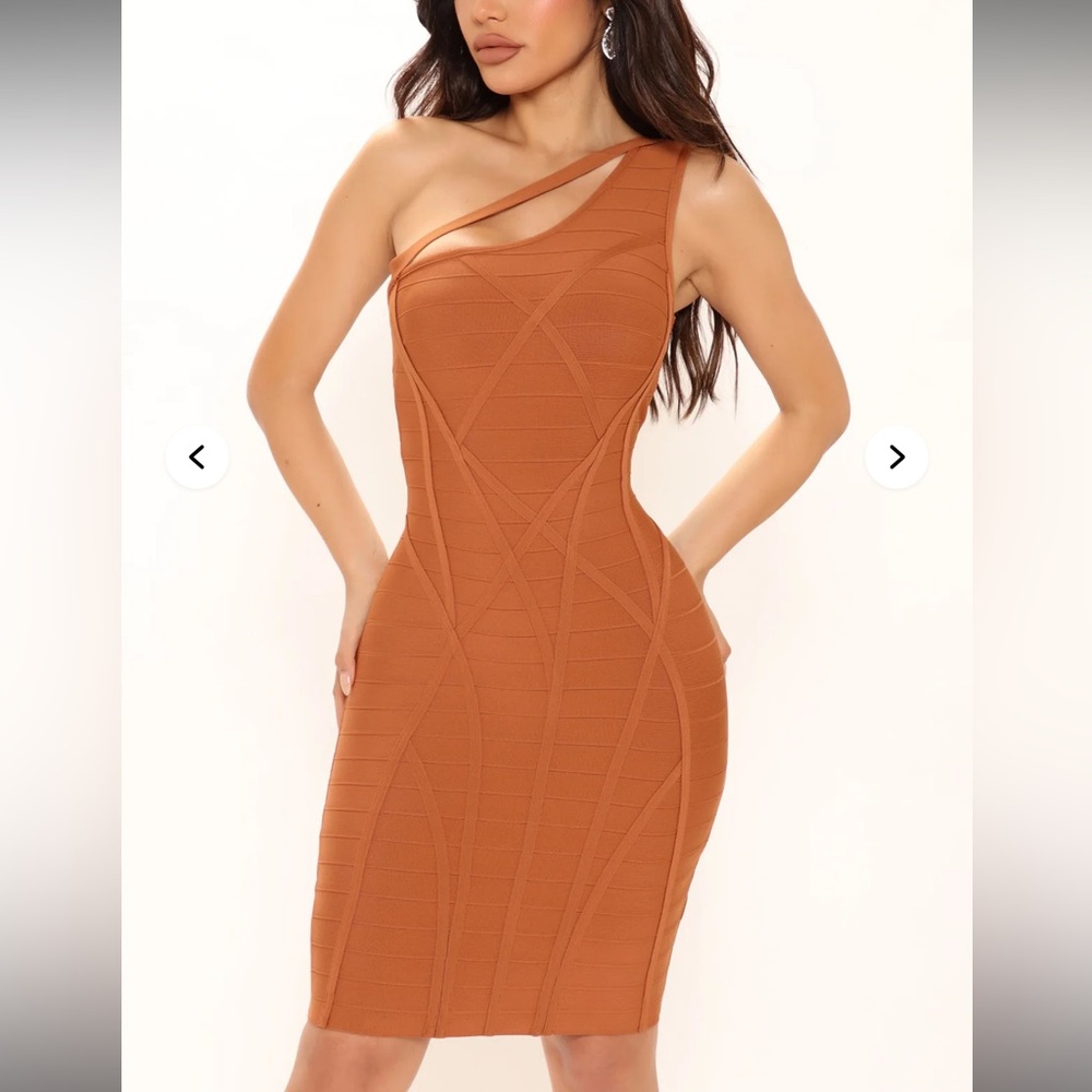 Fashion Nova One-Shoulder Rust Dress
